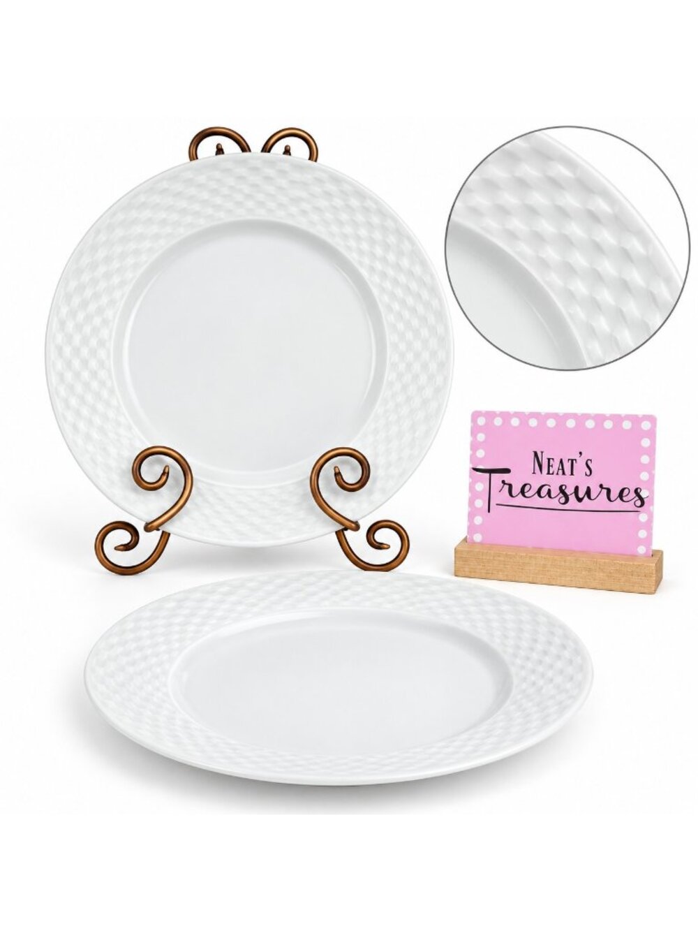 JCPenny Home BASKET WEAVE White Embossed  Porcelain 10 3/4" Dinner Plates Set 2